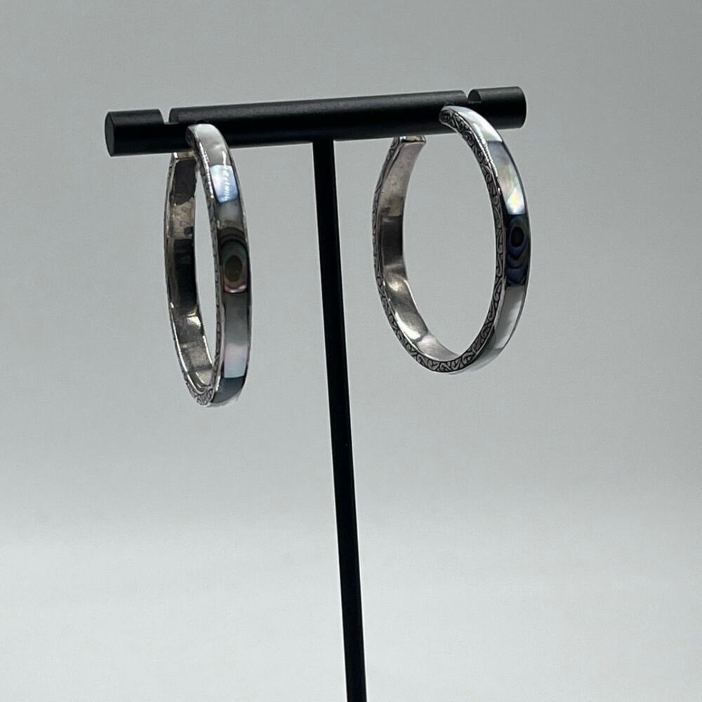 Samuel Benham Signed Sterling Silver
Abalone Inlay Shell Hoop Earrings